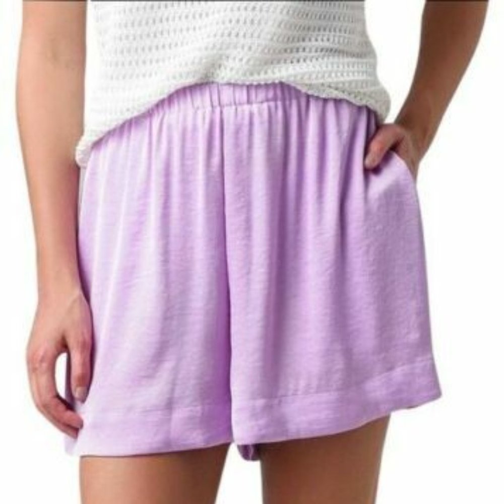 Vince Purple Lavender Satin Shorts Pull On Crinkle Pockets Size Large